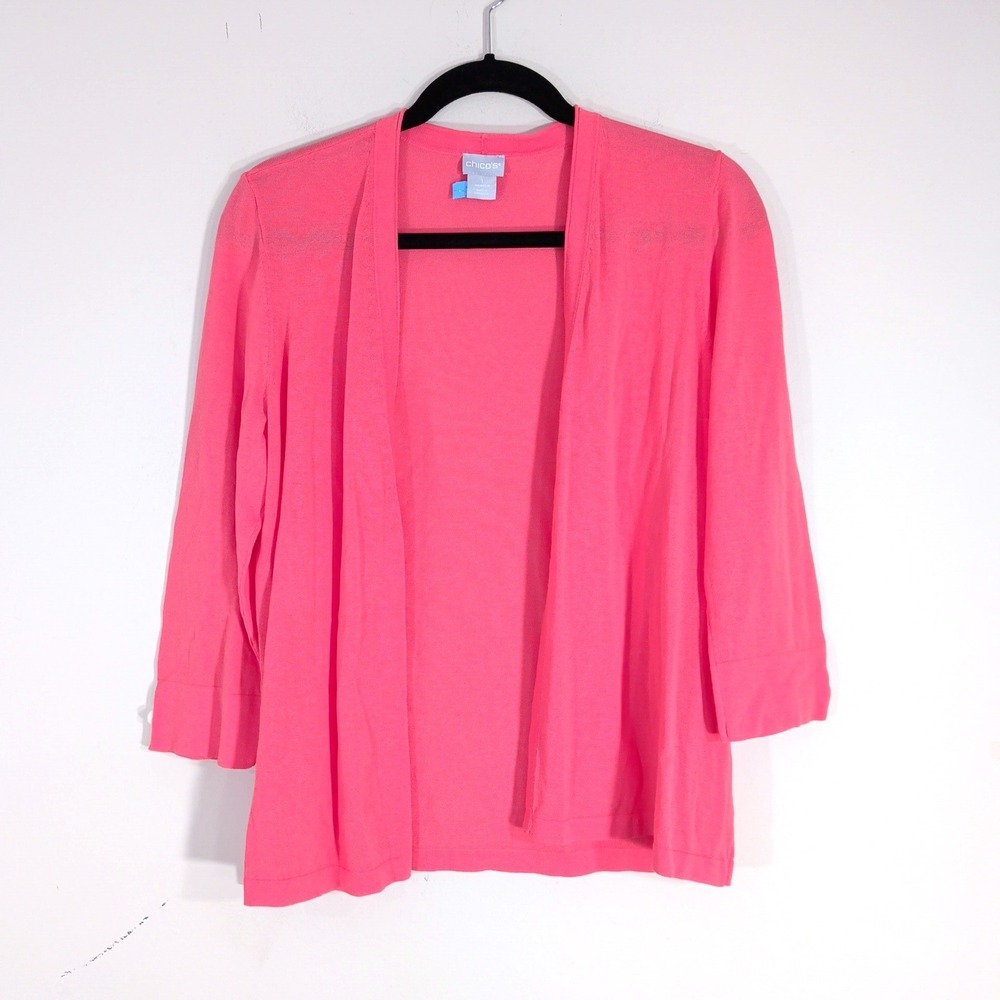 Chico's Pink Open Front Cardigan; 3/4 Sleeve Cotton Blend Lightweight Layer